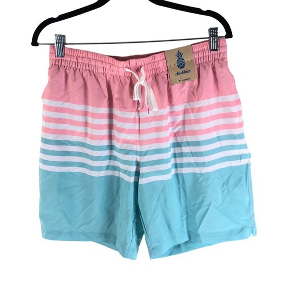 Chubbies Mens On the Horizons Classic 7" Swim Trunk Striped Pink Blue Size L